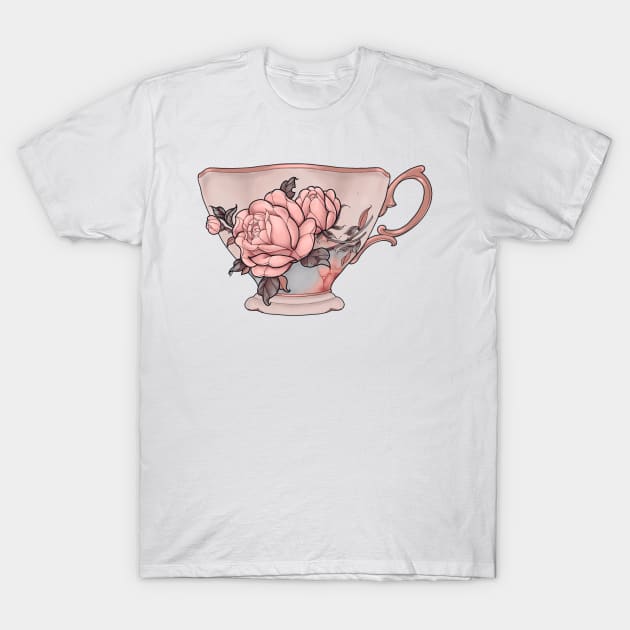 Vintage Tea Cup With Rose T-Shirt by Verre